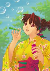 Rule 34 | 1girl, :d, brown hair, bubble, blowing bubbles, female focus, flower, highres, holding, japanese clothes, kimono, kobayashi yuji, obi, open mouth, outdoors, sash, sky, smile, solo, tree, upper body