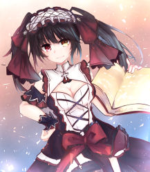 Rule 34 | alternate costume, black hair, book, breasts, cleavage cutout, clock eyes, clothing cutout, date a live, detached sleeves, dress, hairband, hand on own hip, heterochromia, highres, holding, holding book, lolita hairband, looking at viewer, medium breasts, mika (miko1204), red eyes, sleeveless, sleeveless dress, smile, solo, symbol-shaped pupils, tokisaki kurumi, twintails, yellow eyes