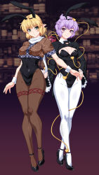 Rule 34 | 2girls, adapted costume, alternate costume, animal ears, black bow, black bowtie, black footwear, black hairband, black leotard, black shirt, blonde hair, blush, bow, bowtie, breasts, brown background, brown pantyhose, brown shirt, closed mouth, collar, commentary request, covered navel, crop top, crossed legs, detached collar, expressionless, eyeball, fake animal ears, fake tail, frilled sleeves, frills, full body, gradient background, green eyes, grey background, hair ornament, hairband, hand on own hip, heart, heart hair ornament, high heels, highleg, highleg leotard, highres, komeiji satori, leotard, leotard under clothes, long sleeves, looking at viewer, medium bangs, medium breasts, mizuhashi parsee, multiple girls, ootsuki wataru, pantyhose, playboy bunny, pointy ears, purple hair, rabbit ears, rabbit tail, red eyes, scarf, shirt, short hair, short sleeves, shrug (clothing), simple background, small breasts, smile, strapless, strapless leotard, tail, third eye, touhou, watson cross, white collar, white pantyhose, white scarf, wrist cuffs