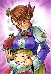Rule 34 | 1boy, 1girl, blue eyes, blush, breast rest, breasts, breasts on head, brown hair, chime, clavat, crazy eyes, crown, drooling, final fantasy, final fantasy crystal chronicles, final fantasy crystal chronicles: my life as a king, glasses, hat, king leo, large breasts, leo (ffcc), mimonel, saliva, selkie, sleeping, square enix, you gonna get raped
