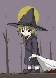Rule 34 | 1girl, blonde hair, blood, frown, full body, full moon, hat, highres, holding, kishimen udn, long hair, moon, original, robe, sack, solo, witch, witch hat