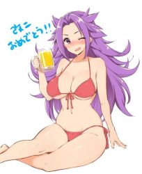 Rule 34 | 10s, 1girl, alcohol, bad id, bad twitter id, beer, bikini, blush, breasts, congratulations, jun&#039;you (kancolle), kantai collection, kekocha, large breasts, long hair, looking at viewer, navel, one eye closed, purple eyes, purple hair, red bikini, simple background, sitting, solo, spiked hair, swimsuit, white background