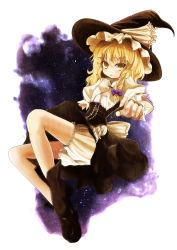 Rule 34 | 1girl, blonde hair, bloomers, bow, braid, curiosities of lotus asia, female focus, full body, hair bow, hat, kirisame marisa, kurona, long hair, open mouth, side braid, solo, touhou, underwear, witch, witch hat, yellow eyes