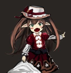 Rule 34 | 10s, 1girl, :d, bad id, bad pixiv id, black background, black bow, blush, bow, brown hair, collared dress, dress, drusilla, fangs, granblue fantasy, green eyes, hair between eyes, harvin, hat, hat bow, index finger raised, long hair, long sleeves, looking at viewer, mash donburi, open mouth, pointing, pointy ears, puffy long sleeves, puffy sleeves, red bow, red dress, shirt tug, simple background, smile, solo focus, twintails, white hat