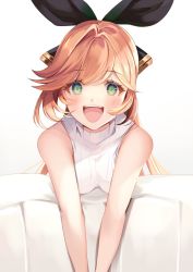 Rule 34 | :d, aoi (kirabosi105), bent over, blonde hair, bow, clarisse (granblue fantasy), couch, granblue fantasy, green eyes, hair bow, highres, looking at viewer, open mouth, ponytail, smile, solo, sweater, sweater vest, white sweater, white sweater vest