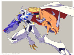 Rule 34 | armor, blue eyes, cape, character name, copyright name, dated, digimon, from below, futa yuri ryona, horns, looking at viewer, mecha, multicolored cape, multicolored clothes, no humans, omegamon, outside border, red cape, robot, shield, shoulder armor, spikes, white cape