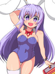 Rule 34 | 1girl, :d, animal ears, arm behind head, bare arms, bare shoulders, bow, bowtie, breasts, commentary, covered navel, detached collar, fake animal ears, gluteal fold, hair between eyes, hammer, leotard, long hair, looking at viewer, medium breasts, naitou kouse, open mouth, playboy bunny, purple eyes, purple hair, purple leotard, rabbit ears, rabbit girl, rabi-ribi, red bow, red bowtie, simple background, single thighhigh, smile, solo, thigh gap, thighhighs, very long hair, white background, white thighhighs, wrist cuffs
