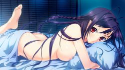 Rule 34 | 1girl, afterglow, antenna hair, ass, barefoot, bed, black hair, window blinds, blush, braid, breasts, feet, game cg, highres, koisuru natsu no last resort, kouzaki umi, large breasts, long hair, looking at viewer, lying, marui (koedame), mottsun, nipples, nude, hugging object, on bed, on stomach, pillow, pillow hug, pulltop, red eyes, smile, solo, toes