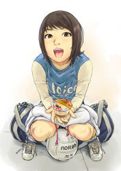 Rule 34 | 1girl, bag, ball, brown eyes, brown hair, carina (xiaowoo), duffel bag, food, open mouth, original, perspective, pudding, shoes, short hair, sneakers, solo, tongue