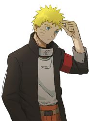 Rule 34 | 1boy, blonde hair, blue eyes, jacket, kumoko (supermoichan), male focus, naruto: the last, naruto (series), open clothes, open jacket, simple background, solo, spiked hair, standing, uzumaki naruto, whiskers