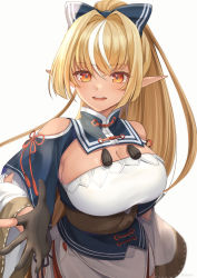 Rule 34 | 1girl, absurdres, black gloves, blonde hair, blue bow, blue shirt, blush, bow, breasts, clothing cutout, commentary request, corset, dark-skinned female, dark skin, elf, gloves, hair between eyes, hair bow, highres, hololive, large breasts, long hair, long sleeves, miyagi ratona, multicolored hair, open mouth, partially fingerless gloves, pointy ears, ponytail, red eyes, round teeth, shiranui flare, shiranui flare (old design), shirt, shoulder cutout, simple background, smile, solo, streaked hair, teeth, upper teeth only, virtual youtuber, white background, white hair
