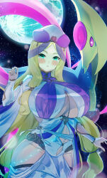 Rule 34 | 1girl, absurdres, aged up, alternate costume, aqua eyes, beret, blonde hair, blush, breasts, bridal gauntlets, caitlin (pokemon), clothing cutout, commentary request, cowboy shot, creatures (company), cresselia, dress, full moon, game freak, gen 4 pokemon, groin, hand up, hat, highres, hip vent, hizakake, huge breasts, legendary pokemon, long dress, long hair, long sleeves, looking at viewer, moon, navel, navel cutout, nintendo, parted bangs, parted lips, pokemon, pokemon (creature), pokemon bw, sidelocks, solo focus, standing, star (symbol), starry background, underboob, very long hair, white dress