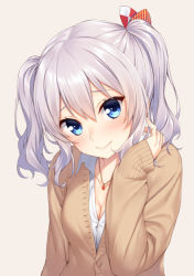Rule 34 | 10s, 1girl, alternate costume, blue eyes, blush, bow, breasts, cardigan, cleavage, collarbone, grey eyes, hair bow, jewelry, kantai collection, kashima (kancolle), long hair, looking at viewer, mikazuchi zeus, necklace, silver hair, simple background, sleeves past wrists, solo, twintails, unbuttoned, wavy hair