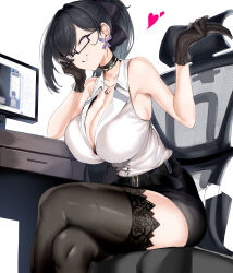 Rule 34 | 1girl, absurdres, alternate costume, armpits, bare arms, bare shoulders, belt, black-framed eyewear, black gloves, black hair, black skirt, black thighhighs, bow, breasts, center frills, chair, cleavage, collared shirt, commentary request, commission, computer, crossed legs, dress shirt, earrings, frills, glasses, gloves, grin, hair bow, hands up, heart, highres, hikinomiya komori, huge breasts, indie virtual youtuber, jewelry, large breasts, legs, long hair, looking at viewer, maruyaa (malya1006), miniskirt, mole, mole on breast, nail polish, naked shirt, office chair, office lady, one eye closed, open mouth, pencil skirt, presenting foot, purple ribbon, ribbon, ribbon earrings, second-party source, semi-rimless eyewear, shirt, shirt tucked in, sitting, skeb commission, skirt, sleeveless, sleeveless shirt, smile, solo, swivel chair, teeth, thighhighs, thighs, virtual youtuber, white shirt, zettai ryouiki