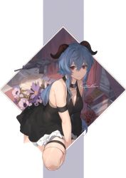 Rule 34 | 1girl, absurdres, ahoge, arm strap, assault rifle, bare shoulders, black dress, blue hair, book, breasts, cartridge, cleavage, closed mouth, colt commando, commentary request, cropped legs, dress, flower, ganyu (genshin impact), genshin impact, goat horns, gun, hair between eyes, highres, horns, huge filesize, large breasts, long hair, looking at viewer, mushi c jun, outside border, paper, purple eyes, purple flower, red flower, rifle, short dress, signature, simple background, sleeveless, sleeveless dress, solo, thigh strap, very long hair, weapon, white background, white flower