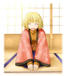 Rule 34 | 1girl, blonde hair, blush, closed eyes, japanese clothes, kasuga yukihito, kimono, kriemhild (kasuga yukihito), original, short hair, shouji, sliding doors, smile, solo, tatami