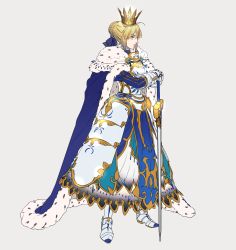 Rule 34 | 1girl, armor, armored dress, artoria pendragon (all), artoria pendragon (fate), blonde hair, cape, commentary request, crossed arms, ears visible through hair, fate/grand order, fate (series), greaves, green eyes, grey background, hair between eyes, hands on hilt, highres, multicolored cape, multicolored clothes, multicolored footwear, saber (fate), simple background, solo, sword, tenobe, weapon, white background