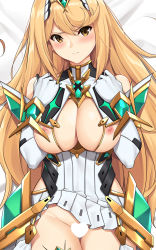Rule 34 | 1girl, bare shoulders, bed sheet, blonde hair, blush, breastless clothes, breasts, censored, cleavage, clothes lift, commentary, dakimakura (medium), dress, dress lift, elbow gloves, english commentary, gem, gloves, hair between eyes, hair ornament, headpiece, heart, heart censor, jewelry, large breasts, long hair, looking at viewer, lying, mythra (xenoblade), nintendo, nipples, no panties, on back, solo, swept bangs, thigh gap, tiara, tony guisado, v-shaped eyebrows, very long hair, wavy mouth, white dress, white gloves, xenoblade chronicles (series), xenoblade chronicles 2, yellow eyes