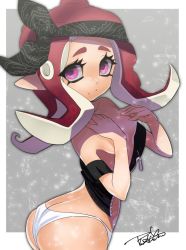Rule 34 | 1girl, ass, bandana, black bandana, breasts, broken glass, butt crack, closed mouth, covering breasts, covering privates, cowboy shot, glass, hands up, isamu-ki (yuuki), long hair, looking away, nintendo, octoling, octoling girl, octoling player character, panties, pink eyes, red hair, small breasts, solo, splatoon (series), suction cups, tentacle hair, underwear, white panties, zipper, zipper pull tab