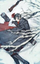 Rule 34 | 1boy, bare tree, black coat, black footwear, black hair, blood, blood on clothes, blurry, blurry foreground, boots, closed eyes, coat, coat on shoulders, fate/grand order, fate (series), foot out of frame, from above, gloves, gun, highres, hijikata toshizou (fate), knee boots, light particles, long sleeves, lying, male focus, on ground, on side, parted bangs, parted lips, profile, red gloves, rifle, shirt, short hair, snow, solo, teria (teriarian), tree, two-sided coat, two-sided fabric, weapon, white shirt
