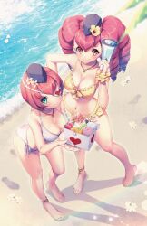 Rule 34 | 2girls, aqua eyes, artist request, box, breasts, character request, eyepatch, feet, flower, flower on head, food, full body, hat, ice cream, large breasts, light blush, looking at viewer, looking up, megaphone, multiple girls, navel, ocean, pink hair, red eyes, sand, smile, street fighter, swimsuit, twintails