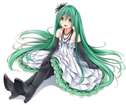 Rule 34 | 1girl, bad id, bad pixiv id, creek (moon-sky), dress, elbow gloves, full body, gloves, green eyes, green hair, hatsune miku, high heels, jewelry, crossed legs, long hair, matching hair/eyes, necklace, open mouth, pantyhose, sitting, solo, twintails, very long hair, vocaloid, white background