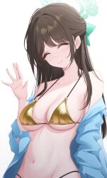 Rule 34 | 1girl, absurdres, airi (blue archive), bikini, blue archive, blue jacket, breasts, closed eyes, collarbone, gold bikini, green halo, halo, highres, jacket, jdnyang, navel, open clothes, open jacket, simple background, small breasts, smile, solo, swimsuit, waving, white background