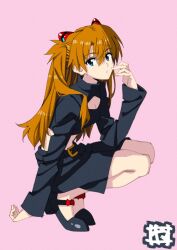 Rule 34 | 1girl, arm up, belt, black footwear, black shirt, black shorts, blue eyes, bow, breasts, cleavage, cleavage cutout, clothing cutout, commentary, hair between eyes, hand on own face, highres, interface headset, long hair, long sleeves, looking at viewer, midriff, neon genesis evangelion, orange hair, pink background, red bow, shirt, shoes, shorts, signature, simple background, small breasts, solo, souryuu asuka langley, squatting, twintails, yamayoshi