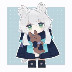Rule 34 | . ., 1girl, :x, animal ear fluff, animal ears, arknights, black footwear, black jacket, blue background, cat ears, cat girl, cat tail, chibi, closed mouth, commentary request, dress, full body, green eyes, grey background, grey hair, hair between eyes, highres, holding, holding stuffed toy, jacket, looking at viewer, outline, rosmontis (arknights), shoes, short eyebrows, solo, someyaya, stuffed animal, stuffed rabbit, stuffed toy, tail, thick eyebrows, two-tone background, white dress, white outline
