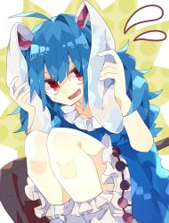 Rule 34 | 1girl, ahoge, animal ears, blue dress, blue hair, bobby socks, commentary, dress, feet out of frame, flying sweatdrops, frilled dress, frills, highres, holding ears, kine, knees up, long hair, looking at viewer, mallet, messy hair, nikorashi-ka, open mouth, puffy short sleeves, puffy sleeves, rabbit ears, red eyes, seiran (touhou), short sleeves, shy, socks, solo, sweatdrop, touhou, wavy mouth, white socks