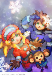 Rule 34 | 1girl, bike shorts, blonde hair, breasts, brown gloves, cabbie hat, commentary request, data (mega man), dinef, gloves, green eyes, hat, jacket, long hair, mega man (series), mega man legends (series), mega man volnutt, open mouth, red shorts, roll caskett (mega man), shorts, small breasts, smile, snow