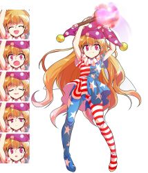 Rule 34 | &gt;:(, 1girl, :3, :d, :o, ^ ^, alphes (style), american flag dress, american flag legwear, annoyed, arms up, blonde hair, blush, closed eyes, clownpiece, dairi, expressions, closed eyes, frown, full body, happy, hat, jester cap, long hair, multiple views, nervous, open mouth, pantyhose, parody, purple eyes, smile, standing, style parody, surprised, sweatdrop, tachi-e, torch, touhou, transparent background, v-shaped eyebrows, very long hair, wavy hair, wide-eyed