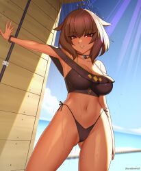 Rule 34 | 1girl, ahoge, arm at side, armpits, bead bracelet, beads, bikini, black bikini, black choker, black ribbon, blue sky, bracelet, brown hair, choker, collarbone, commission, contrapposto, dark-skinned female, dark skin, day, gluteal fold, hair flaps, jewelry, kuroonehalf, looking at viewer, ocean, original, outdoors, outstretched arm, parted lips, red eyes, ribbon, short hair, showering, side-tie bikini bottom, sky, smile, solo, swimsuit, water, wooden wall