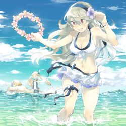 Rule 34 | 1boy, 2girls, aisutabetao, beach, bikini, blonde hair, breasts, brother and sister, cleavage, corrin (female) (fire emblem), corrin (female) (summer) (fire emblem), corrin (fire emblem), day, elise (fire emblem), elise (summer) (fire emblem), fire emblem, fire emblem fates, fire emblem heroes, fish, hair ribbon, hairband, halterneck, large breasts, lilith (fire emblem), long hair, multiple girls, navel, nintendo, official alternate costume, one-piece swimsuit, open mouth, outdoors, pointy ears, red eyes, ribbon, short hair, siblings, sisters, smile, swimsuit, twintails, water, white hair, xander (fire emblem), xander (summer) (fire emblem)