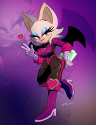 Rule 34 | 1girl, absurdres, bat wings, bodysuit, boots, chaos emerald, furry, furry female, gloves, green eyes, heart, highres, looking at viewer, pink lips, roboticsteve, rouge the bat, signature, sonic (series), v, white gloves, wings, zoom layer