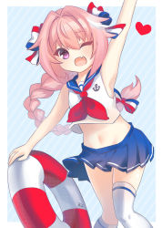 Rule 34 | 1boy, ;d, anchor print, arm up, armpits, astolfo (fate), asymmetrical legwear, bad id, bad pixiv id, blue background, blue sailor collar, blue skirt, blush, border, bow, braid, commentary request, crop top, crop top overhang, diagonal stripes, eyelashes, fang, fate/apocrypha, fate (series), feet out of frame, hair between eyes, hair bow, hair intakes, halftone, heart, highres, holding, kneehighs, lifebuoy, long hair, looking at viewer, male focus, miniskirt, multicolored bow, multicolored hair, navel, neckerchief, one eye closed, open mouth, outside border, outstretched arm, pink hair, pleated skirt, purple eyes, qiang jiyu, raised eyebrows, red neckerchief, sailor collar, shirt, signature, simple background, single braid, single kneehigh, single sock, single thighhigh, skirt, sleeveless, sleeveless shirt, smile, socks, solo, stomach, streaked hair, striped background, striped clothes, striped socks, swim ring, thighhighs, trap, two-tone hair, uneven legwear, very long hair, white border, white hair, white shirt, white socks, zettai ryouiki