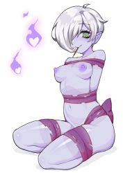 Rule 34 | 1girl, @ @, bound, breasts, caleana, colored skin, commentary, english commentary, food, full body, ghost, green eyes, grey hair, hair over one eye, heart, highres, hitodama, medium breasts, mouth hold, navel, nipples, nude, original, pocky, pointy ears, purple ribbon, purple skin, ribbon, short hair, simple background, sitting, smile, solo, transparent, white background
