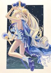 Rule 34 | 1girl, back bow, backless outfit, bare back, bare legs, bare shoulders, blonde hair, blue cape, blue eyes, boots, border, bow, bracelet, breasts, cape, cloud, commentary request, crown, drill hair, flying, fur-trimmed cape, fur trim, high heel boots, high heels, highres, holding, holding wand, jewelry, long hair, looking at viewer, open mouth, original, painting (medium), ringodrawing, short shorts, shorts, sky, small breasts, solo, star (sky), starry sky, traditional media, twin drills, very long hair, wand, white border, white footwear, white shorts