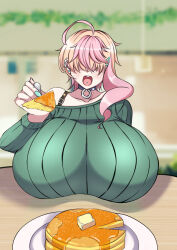 Rule 34 | 1girl, ahoge, bare shoulders, blonde hair, blue nails, blurry, blurry background, breast rest, breasts, butter, choker, codeorange162, dating, ear piercing, facing viewer, female focus, fingernails, food, gigantic breasts, green sweater, gyaru, hidden eyes, highres, holding, holding food, honey, hoshizaki mika, incoming food, open mouth, original, pale skin, pancake, piercing, pink hair, pov, pov dating, short hair, smile, solo, sweater, table, tongue piercing, waffle