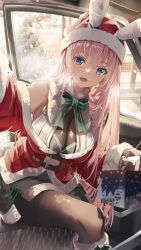 Rule 34 | 1girl, animal ears, armpits, black pantyhose, black skirt, blush, bow, bowtie, breasts, car interior, christmas, christmas tree, cleavage, commentary request, condensation, cowboy shot, daidou (demitasse), detached collar, fake animal ears, gift, hat, highres, holding, holding gift, large breasts, long hair, looking at viewer, megurine luka, miniskirt, off shoulder, open mouth, pantyhose, pink hair, purple eyes, rabbit ears, santa costume, santa hat, sitting, skirt, smile, snowing, solo, steam, straight hair, teeth, upper teeth only, vocaloid, window fog