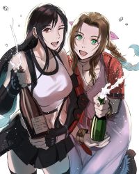 Rule 34 | 2girls, aerith gainsborough, asymmetrical bangs, bare shoulders, black bra, black hair, black skirt, black thighhighs, boots, bottle, bra, braid, braided ponytail, breasts, brown hair, champagne bottle, choker, collarbone, crop top, cropped jacket, dress, elbow gloves, elbow pads, final fantasy, final fantasy vii, final fantasy vii remake, fingerless gloves, gloves, green eyes, hair between eyes, hair ribbon, highres, holding, holding bottle, jacket, jjn ff7, large breasts, long dress, long hair, looking at viewer, low-tied long hair, medium breasts, midriff, multiple girls, one eye closed, open mouth, parted bangs, pink dress, pink ribbon, pleated skirt, red eyes, red jacket, ribbon, shirt, short sleeves, sidelocks, skirt, sleeveless, sleeveless shirt, smile, sports bra, suspender skirt, suspenders, thighhighs, tifa lockhart, underwear, upper body, white background, white shirt