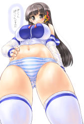 Rule 34 | 1girl, absurdres, black eyes, black hair, blush, breasts, dd (ijigendd), from below, hand on own hip, highres, hip focus, huge breasts, looking down, navel, os-tan, panties, solo, striped clothes, striped panties, thighhighs, translation request, underwear, white thighhighs, xp-tan