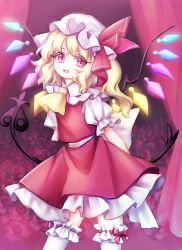 Rule 34 | 1girl, arms behind back, ascot, blonde hair, colored eyelashes, crystal, curtains, flandre scarlet, flower, frilled skirt, frills, hat, hat ribbon, laevatein (tail), looking at viewer, medium hair, miy 001, mob cap, open mouth, puffy short sleeves, puffy sleeves, red eyes, red ribbon, red shirt, red vest, ribbon, ribbon-trimmed legwear, ribbon trim, rose, shirt, short sleeves, side ponytail, skirt, solo, standing, tail, thighhighs, touhou, vest, white hat, white thighhighs, wings, yellow ascot
