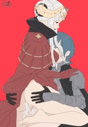 Rule 34 | 1boy, 1girl, armor, ass, byleth (fire emblem), byleth (male) (fire emblem), clothed sex, cum, cum in pussy, edelgard von hresvelg, fake horns, feet, fire emblem, fire emblem: three houses, gloves, hetero, highres, horned headwear, horns, nintendo, penis, pussy, r3dfive, red background, sex, silver hair, smile, straddling, tiara, toes, upright straddle