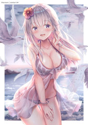 Rule 34 | 1girl, arm up, bare shoulders, bikini, bird, blush, breasts, cleavage, cloud, cloudy sky, flower, grey bikini, hair between eyes, hair flower, hair ornament, highres, large breasts, long hair, looking at viewer, ocean, open mouth, original, outdoors, purple eyes, red flower, seagull, see-through, shirakawako, silver hair, sky, smile, solo, sunset, swimsuit, teeth, thighhighs, tongue, water, wet, wet clothes