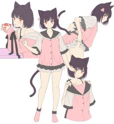 Rule 34 | 1girl, animal ears, ass cutout, black hair, bloomers, cat ears, clothing cutout, cup, e (eokiba), from side, holding, holding clothes, holding cup, holding shirt, looking at viewer, looking to the side, mug, multiple views, no shoes, off shoulder, original, pink bloomers, pink socks, profile, shirt, sideways glance, smile, socks, tail, tail through clothes