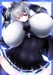 Rule 34 | 1girl, between breasts, black dress, black hair, black necktie, breasts, breasts apart, cosplay, dot nose, dress, expressionless, eyelashes, eyepatch, female focus, grey hair, head tilt, head wings, headgear, highres, huge breasts, kemono friends, kyosuke fujiwara, looking at viewer, miniskirt, multicolored hair, necktie, necktie between breasts, shoebill (kemono friends), skin tight, skirt, solo, standing, tenryuu (kancolle) (cosplay), thick thighs, thighhighs, thighs, twintails, two-tone hair, wings, zettai ryouiki