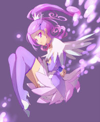 Rule 34 | 1girl, boots, crossed arms, cure sword, curled up, dokidoki! precure, full body, hair ornament, harekawa, high heels, kenzaki makoto, legs, legs up, looking at viewer, ponytail, precure, purple background, purple eyes, purple footwear, purple hair, purple skirt, purple theme, purple thighhighs, shoes, simple background, skirt, solo, spade hair ornament, thighhighs, thighs