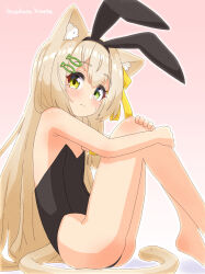 Rule 34 | 1girl, absurdres, animal ear fluff, animal ears, artist name, bare shoulders, barefoot, black hairband, black leotard, blush, bow, brown hair, cat ears, cat girl, cat tail, closed mouth, fake animal ears, female focus, fish hair ornament, flat chest, from side, gradient background, green eyes, hair bow, hair ornament, hairband, hairclip, hand on own knee, hands up, hazakura hinata, heterochromia, highres, hugging own legs, knees up, legs, leotard, long hair, looking at viewer, nervous, original, outline, pink background, playboy bunny, rabbit ears, sidelocks, signature, simple background, sitting, solo, split mouth, strapless, strapless leotard, sweat, tail, thighs, white outline, yellow bow, yellow eyes