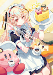Rule 34 | 1girl, :o, apron, blonde hair, butter knife, chef hat, closed mouth, coffee cup, cup, disposable cup, english text, hair ornament, halftone, hat, highres, holding, holding knife, holding plate, holding saucer, jirai kei, kirby, kirby (series), kirby cafe, kneeling, knife, long hair, looking at viewer, maid, maid apron, maid headdress, nintendo, original, plate, puffy short sleeves, puffy sleeves, red eyes, saucer, short sleeves, sidelocks, sparkle, star (symbol), star hair ornament, striped, striped background, suzaku (zaku6584), twintails, waddle dee, white wrist cuffs, wrist cuffs, x hair ornament, yellow background